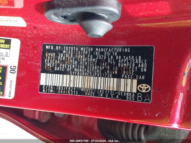 Toyota COROLLA LE 2018 5YFBURHE5JP851736 Image 9