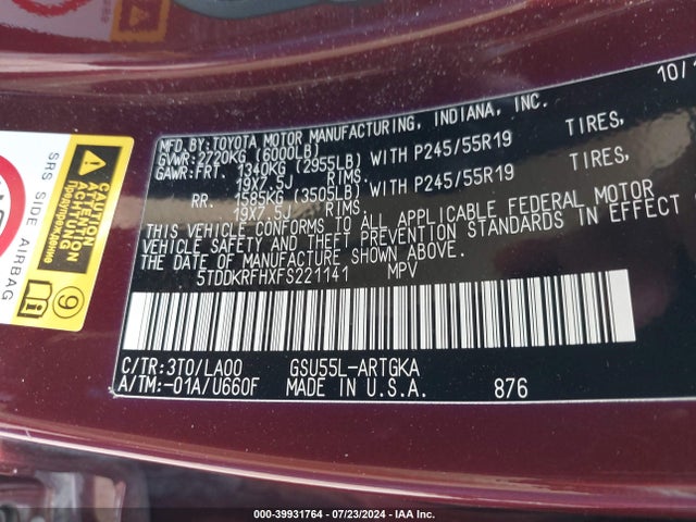 5TDDKRFHXFS221141 Toyota Highlander Limited V6