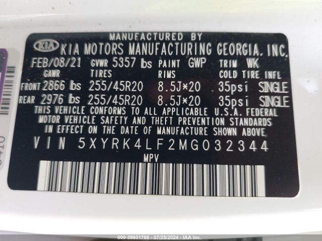 5XYRK4LF2MG032344 KIA SORENTO SX