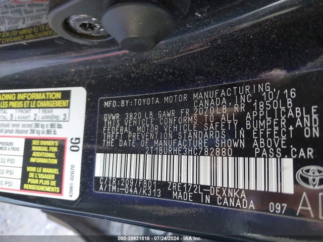 Toyota COROLLA LE 2017 2T1BURHE3HC782880 Image 9