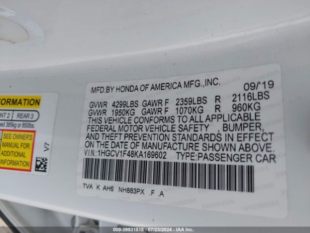 1HGCV1F48KA169602 Honda ACCORD EX