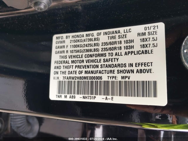 Honda Cr-v Awd Ex-l 2021 7FARW2H80ME006906 Image 9