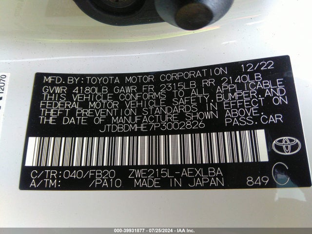 JTDBDMHE7P3002826 Toyota Corolla Hybrid Le