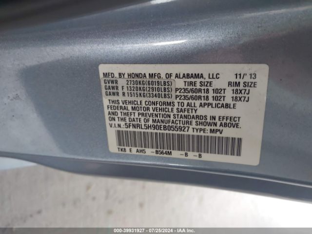 5FNRL5H90EB055927 Honda Odyssey Touring/touring Elite