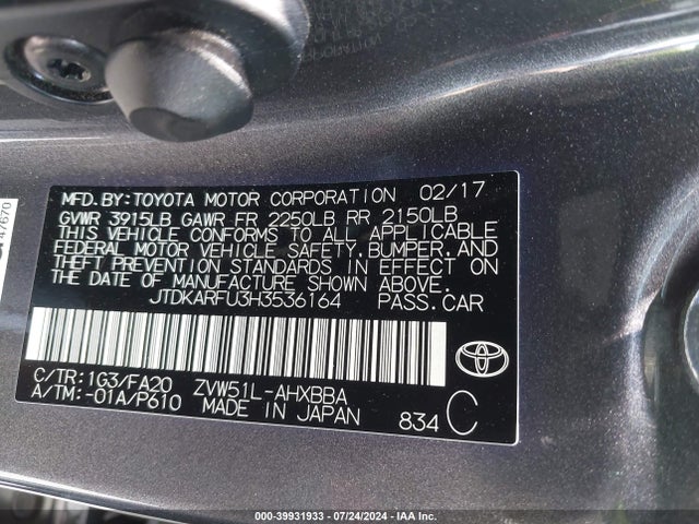 Toyota Prius Two Eco 2017 JTDKARFU3H3536164 Image 9