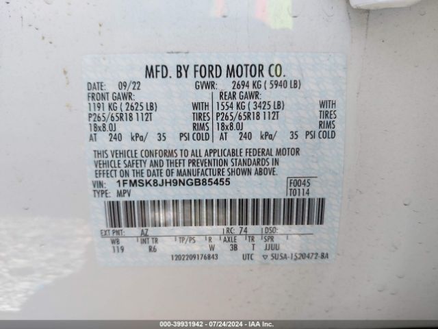 1FMSK8JH9NGB85455 Ford Explorer Timberline