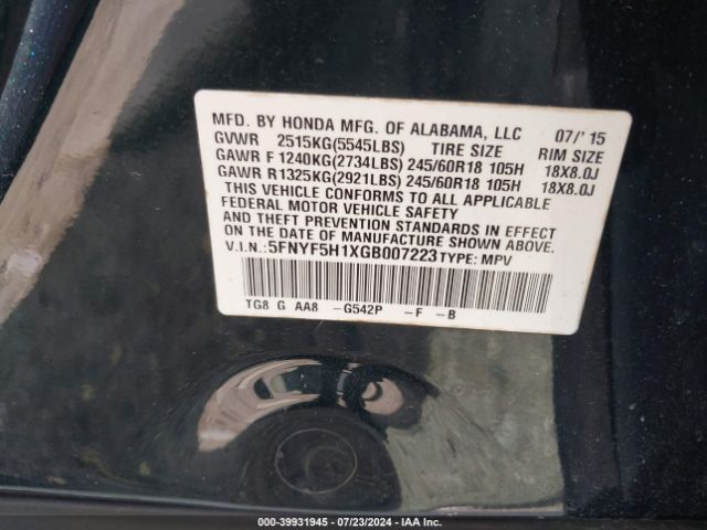 5FNYF5H1XGB007223 Honda PILOT LX