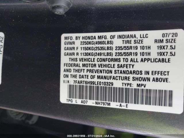 7FART6H99LE010329 Honda Cr-v Hybrid Touring