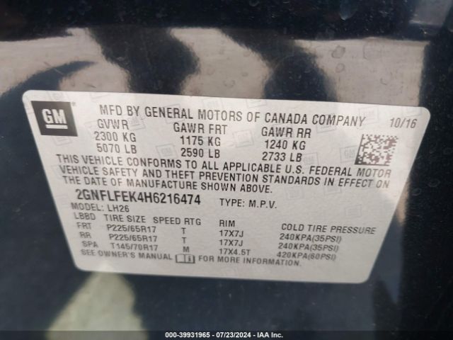 2GNFLFEK4H6216474 Chevrolet EQUINOX LT