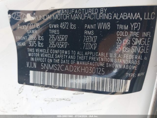 5NMS2CAD2KH030125 Hyundai Santa Fe Se