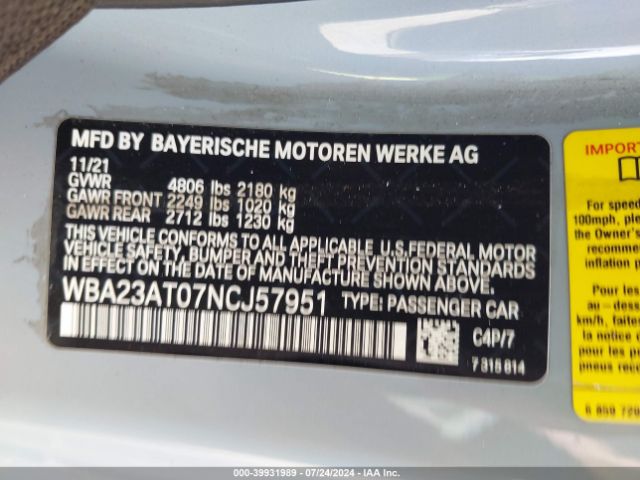 WBA23AT07NCJ57951 BMW 430I