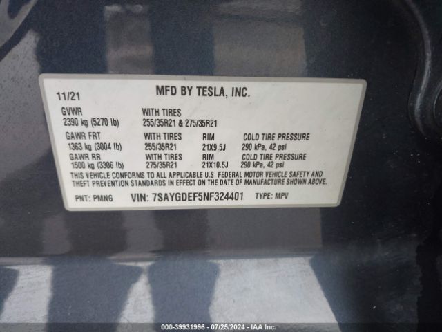 7SAYGDEF5NF324401 Tesla Model Y Performance Dual Motor All-wheel Drive