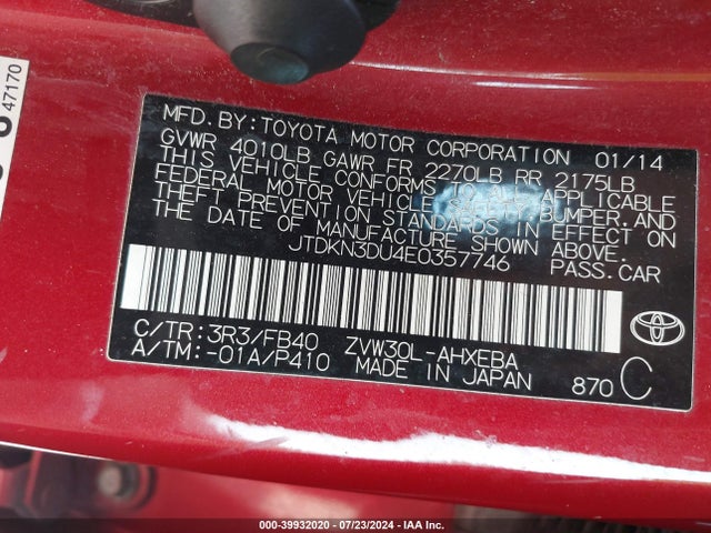 Toyota Prius Two 2014 JTDKN3DU4E0357746 Image 9