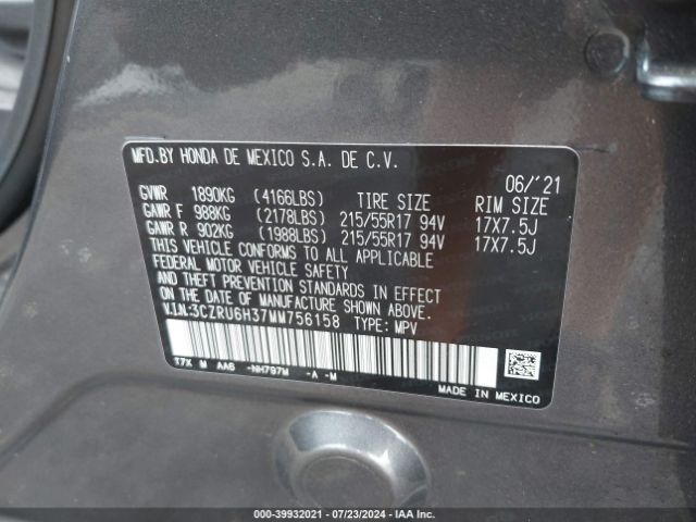 3CZRU6H37MM756158 Honda Hr-v Awd Lx