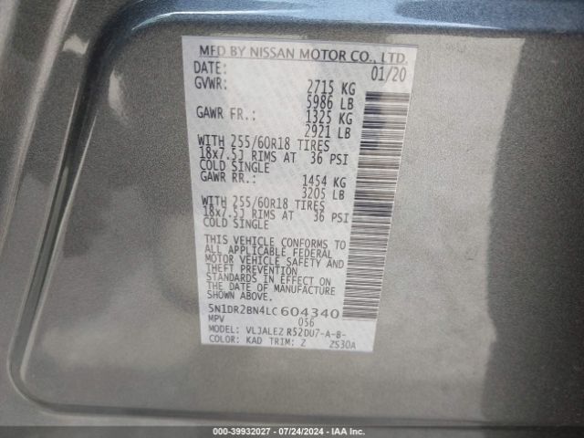 5N1DR2BN4LC604340 Nissan Pathfinder Sv 2wd