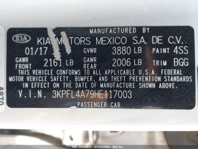 3KPFL4A79HE117003 KIA FORTE LX
