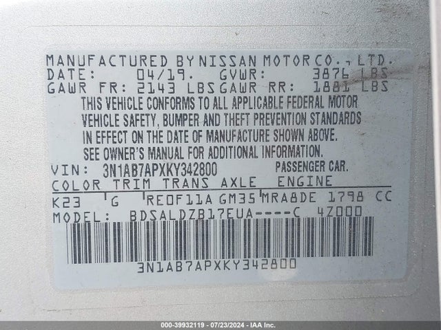 Nissan SENTRA SV 2019 3N1AB7APXKY342800 Image 9
