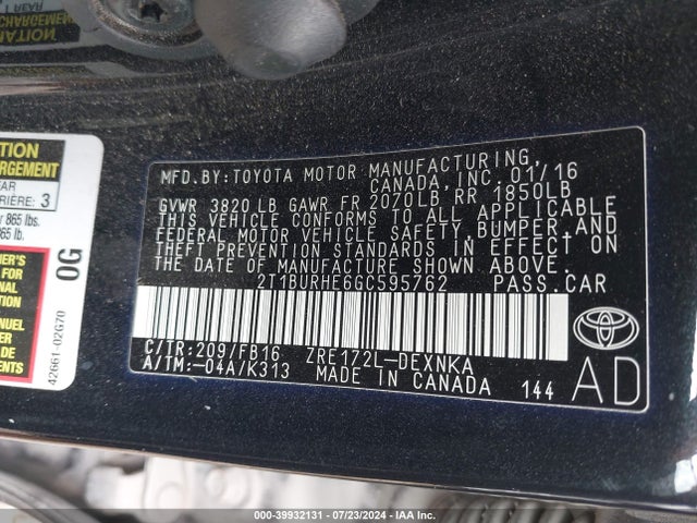 Toyota COROLLA LE 2016 2T1BURHE6GC595762 Image 9
