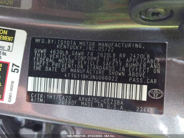 4T1G11BK3NU066022 Toyota Camry Se Awd