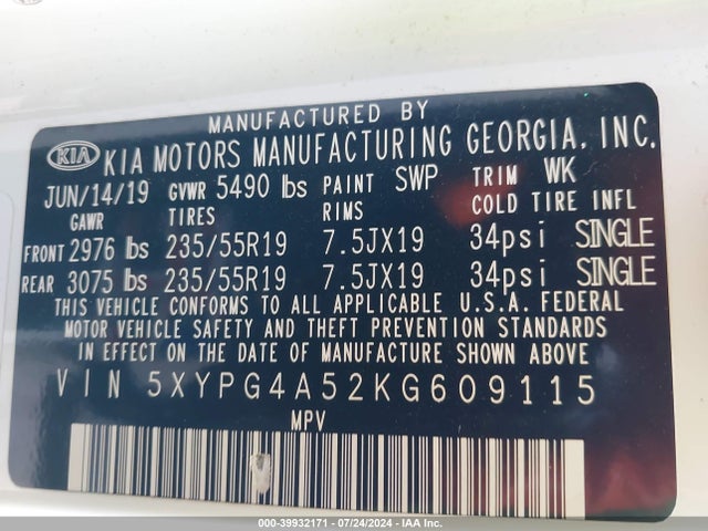 KIA Sorento 3.3l S 2019 5XYPG4A52KG609115 Image 9