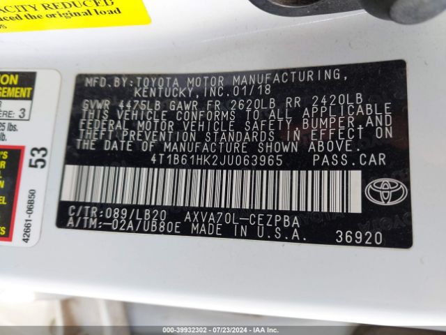 4T1B61HK2JU063965 Toyota CAMRY XSE