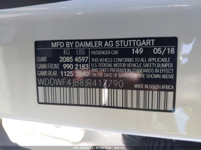 WDDWF4JB8JR417790 Mercedes-Benz C 300