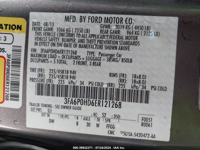Ford FUSION SE 2014 3FA6P0HD6ER121268 Image 9