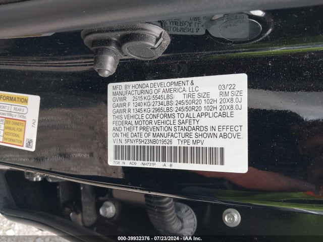 Honda Pilot 2wd Special Edition 2022 5FNYF5H23NB019526 Image 9