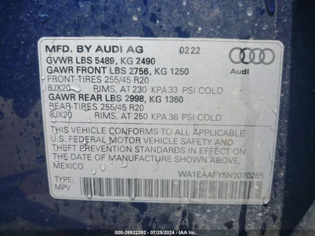 WA1EAAFY5N2070265 Audi Q5 Premium Plus 45 Tfsi S Line Quattro S Tronic