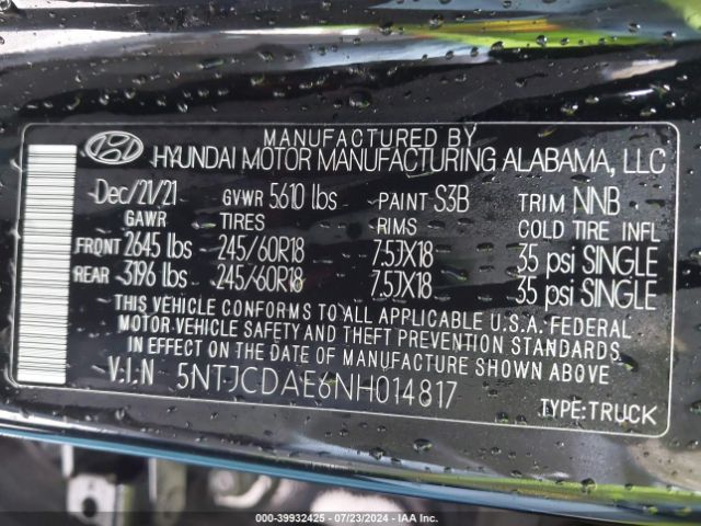 5NTJCDAE6NH014817 Hyundai Santa Cruz Sel