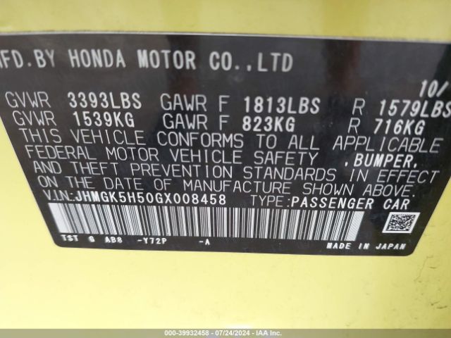 JHMGK5H50GX008458 Honda FIT LX