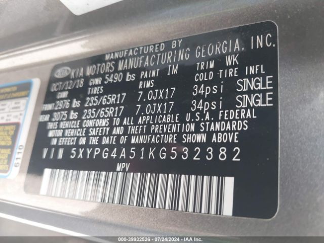 5XYPG4A51KG532382 KIA Sorento 3.3l Lx