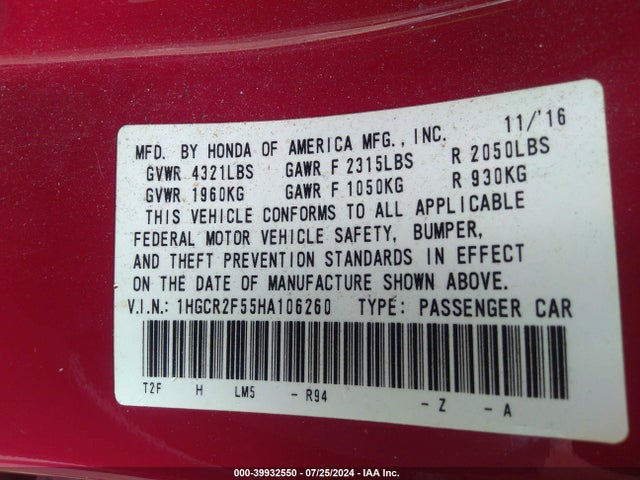 Honda Accord Sport 2017 1HGCR2F55HA106260 Image 9