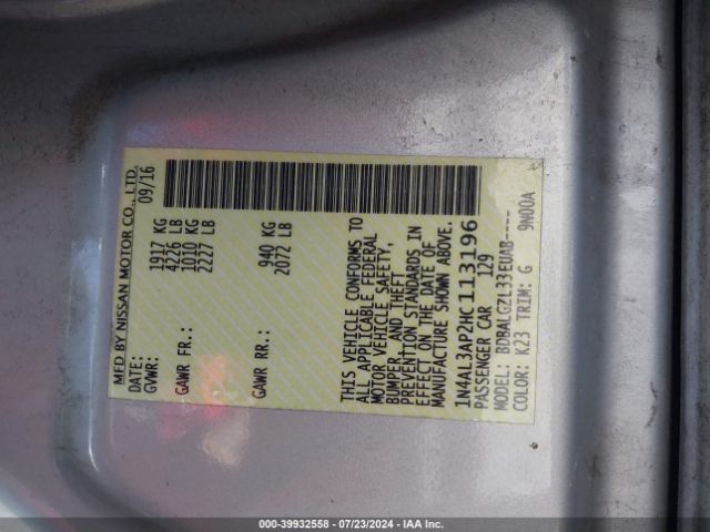1N4AL3AP2HC113196 Nissan Altima 2.5/2.5 S/2.5 Sl/2.5 Sr/2.5 Sv