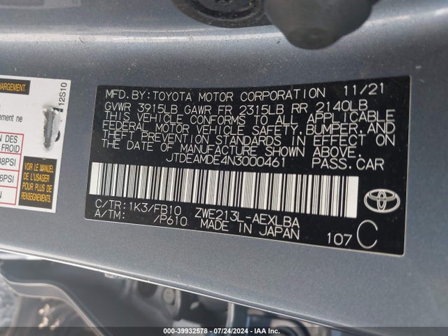 Toyota Corolla Hybrid Le 2022 JTDEAMDE4N3000461 Image 9