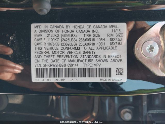 2HKRW2H89JH699144 Honda Cr-v Ex-l/ex-l Navi