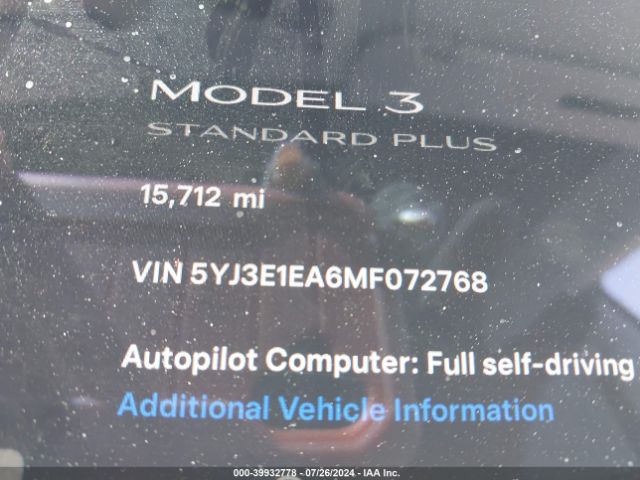 5YJ3E1EA6MF072768 Tesla Model 3 Standard Range Plus Rear-wheel Drive