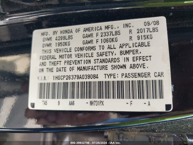 Aukcja sprzedaży 2009 Honda Accord 2.4 Lx, vin: 1HGCP26379A039084, numer aukcji: 39932786