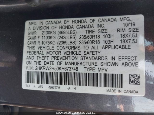 2HKRW2H50KH673748 Honda CR-V EX