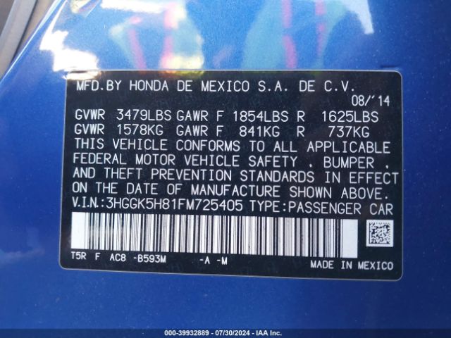 3HGGK5H81FM725405 Honda Fit Ex/ex-l