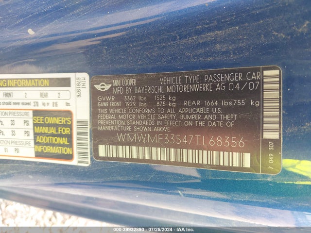 2007 MINI COOPER WMWMF33547TL68356 Photo 8