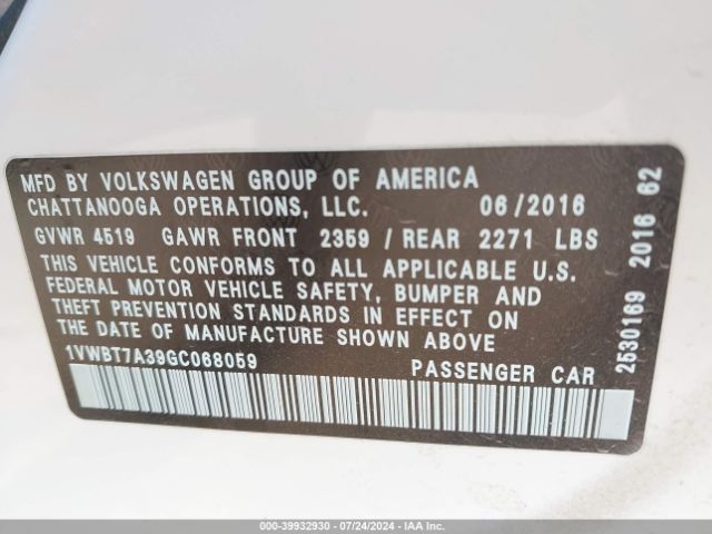 1VWBT7A39GC068059 Volkswagen Passat 1.8t Se