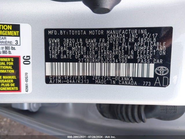 Toyota COROLLA LE 2018 2T1BURHE0JC034190 Image 9