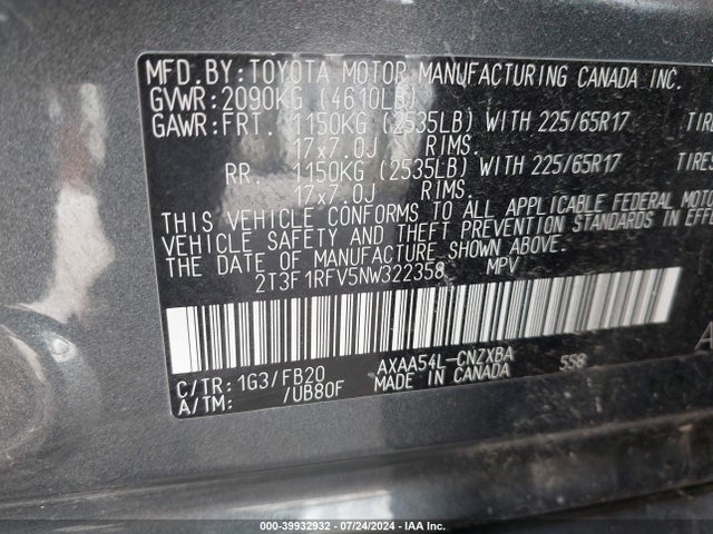 Toyota RAV4 LE 2022 2T3F1RFV5NW322358 Image 9