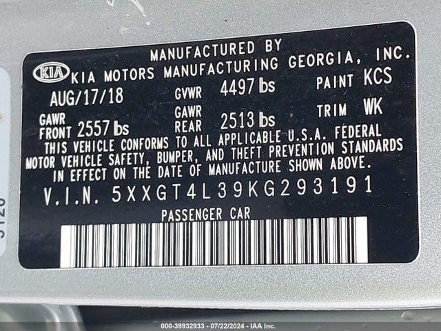 KIA Optima Lx 2019 5XXGT4L39KG293191 Image 9