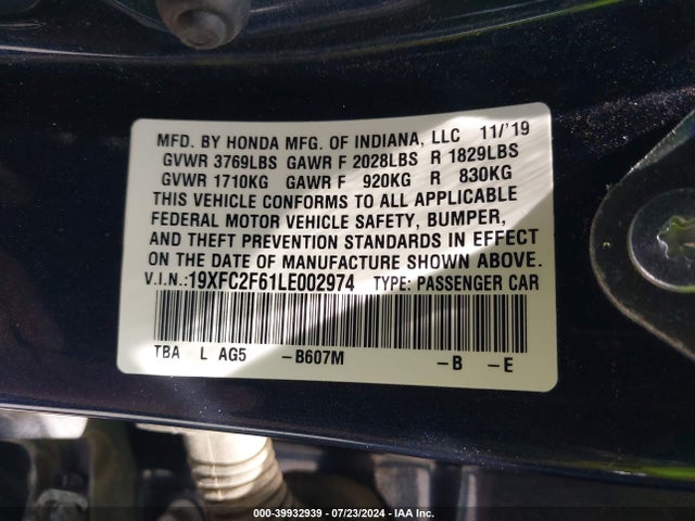 Honda Civic Lx 2020 19XFC2F61LE002974 Image 9