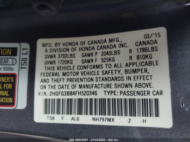 2HGFG3B84FH520346 Honda CIVIC EX