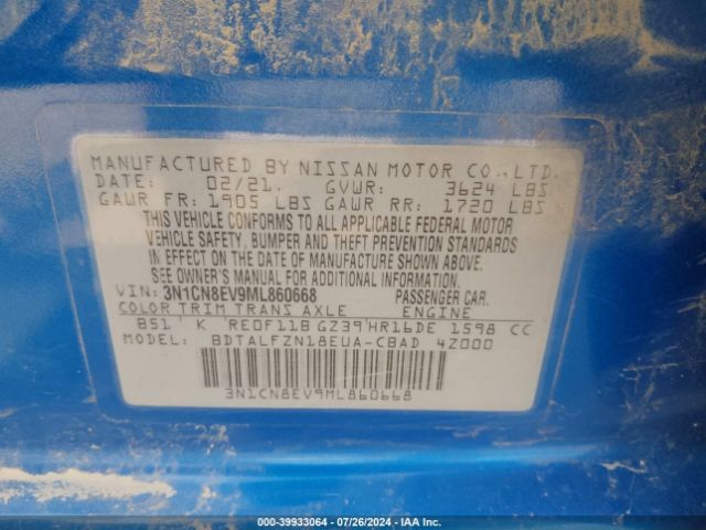 3N1CN8EV9ML860668 Nissan Versa Sv Xtronic Cvt