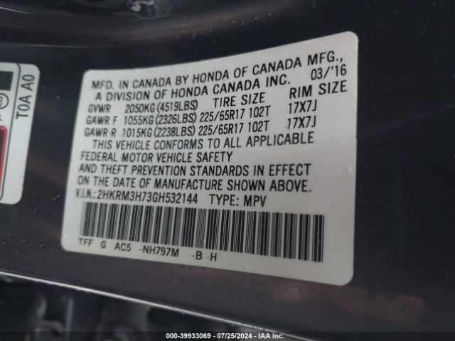 2HKRM3H73GH532144 Honda Cr-v Ex-l