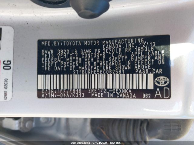 2T1BURHE5EC082581 Toyota Corolla Le Plus